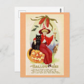 ハロウィーンかわいいヴィンテージ魔女ブラックキャットラブ詩 ポストカード (正面/裏面)