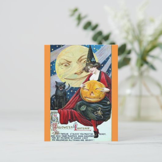 ハロウィーンかわいいヴィンテージ魔女黒猫ムーン詩 ポストカード (スタンド正面)