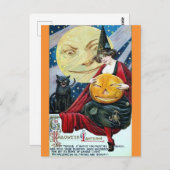 ハロウィーンかわいいヴィンテージ魔女黒猫ムーン詩 ポストカード (正面/裏面)