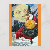 ハロウィーンかわいいヴィンテージ魔女黒猫ムーン詩 ポストカード (正面)