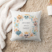 ハロウィーンかわいい不気味スカルカボチャブルーティール（緑がかった色）ピンク クッション (ブランケット)