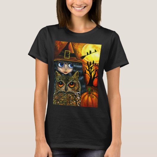 ハロウィーンかわいい大きな目フクロウの友人フルムーン Tシャツ (正面)
