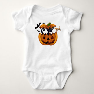 ハロウィーンかわいい子猫インかぼちゃとこうもり ベビーボディスーツ