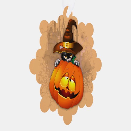 ハロウィーンかわいい子猫ウィッチとカボチャの友人 オーナメントカード (右)