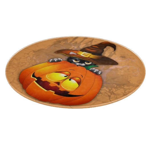 ハロウィーンかわいい子猫ウィッチとカボチャの友人 カッティングボード (角)