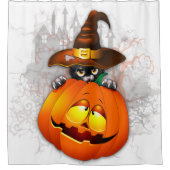 ハロウィーンかわいい子猫ウィッチとカボチャの友人 シャワーカーテン (正面)