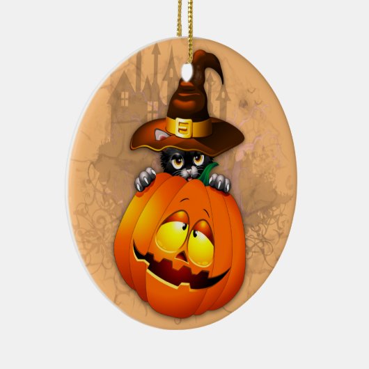 ハロウィーンかわいい子猫ウィッチとカボチャの友人 セラミックオーナメント (右)