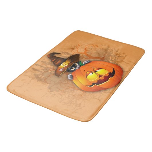 ハロウィーンかわいい子猫ウィッチとカボチャの友人 バスマット (アングル)