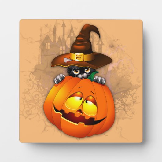 ハロウィーンかわいい子猫ウィッチとカボチャの友人 フォトプラーク (正面)