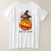 ハロウィーンかわいい子猫ウィッチとカボチャの友人 プラスサイズTシャツ (デザイン裏面)