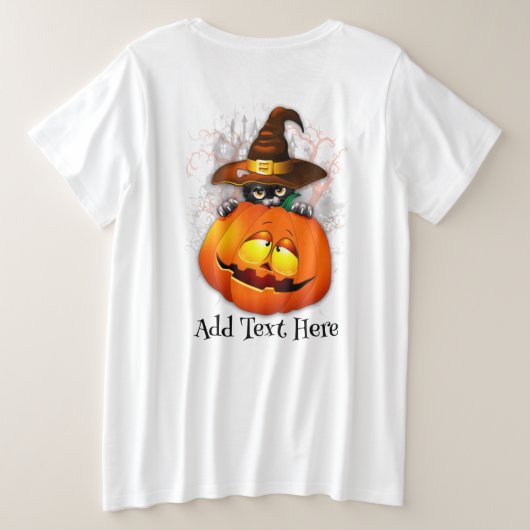 ハロウィーンかわいい子猫ウィッチとカボチャの友人 プラスサイズTシャツ (デザイン裏面)