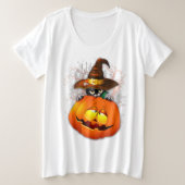 ハロウィーンかわいい子猫ウィッチとカボチャの友人 プラスサイズTシャツ (デザイン正面)