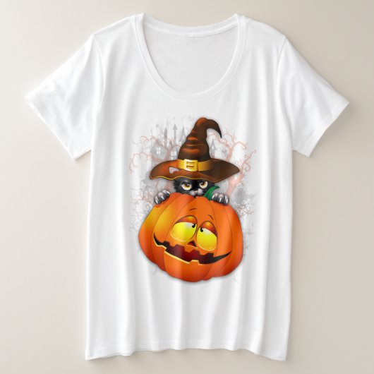 ハロウィーンかわいい子猫ウィッチとカボチャの友人 プラスサイズTシャツ (デザイン正面)