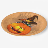 ハロウィーンかわいい子猫ウィッチとカボチャの友人 ペーパープレート (アングル)