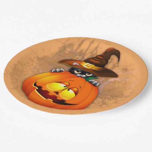 ハロウィーンかわいい子猫ウィッチとカボチャの友人 ペーパープレート (アングル)