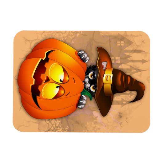 ハロウィーンかわいい子猫ウィッチとカボチャの友人 マグネット (横)