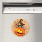 ハロウィーンかわいい子猫ウィッチとカボチャの友人 マグネット (インサイチュ (食洗機))