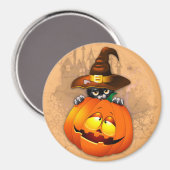ハロウィーンかわいい子猫ウィッチとカボチャの友人 マグネット (正面/裏面)