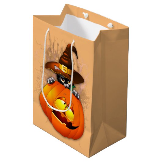 ハロウィーンかわいい子猫ウィッチとカボチャの友人 ミディアムペーパーバッグ (正面アングル)