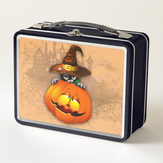 ハロウィーンかわいい子猫ウィッチとカボチャの友人 メタルランチボックス (正面)
