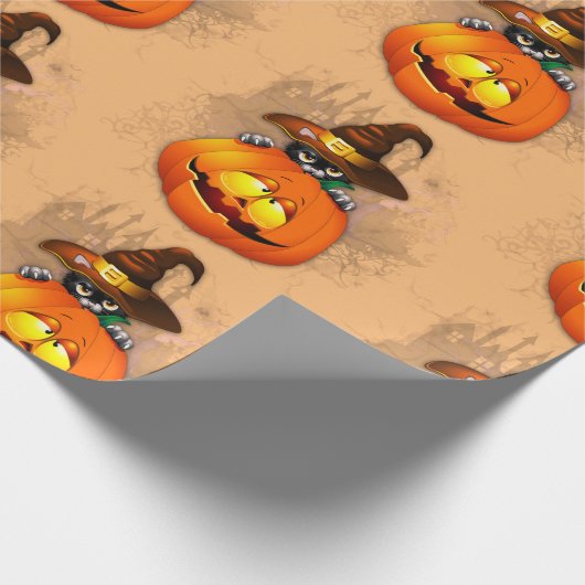 ハロウィーンかわいい子猫ウィッチとカボチャの友人 ラッピングペーパー (角)