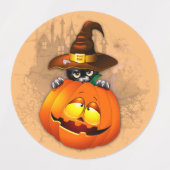 ハロウィーンかわいい子猫ウィッチとカボチャの友人 ラベル (デザイン1)