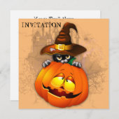ハロウィーンかわいい子猫ウィッチとカボチャの友人 招待状 (正面/裏面)