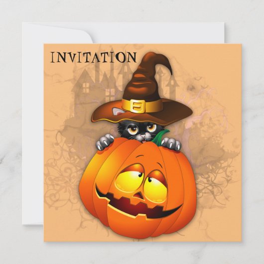 ハロウィーンかわいい子猫ウィッチとカボチャの友人 招待状 (正面)