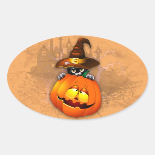 ハロウィーンかわいい子猫ウィッチとカボチャの友人 楕円形シール (正面)