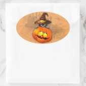 ハロウィーンかわいい子猫ウィッチとカボチャの友人 楕円形シール (バッグ)