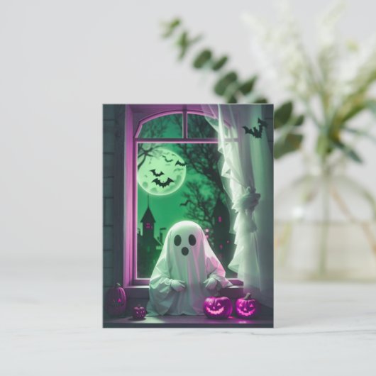 ハロウィーンかわいい小幽霊バイザウィンドハガキ ポストカード (スタンド正面)