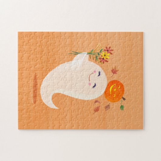 ハロウィーンかわいい幽霊と花 ジグソーパズル (横)
