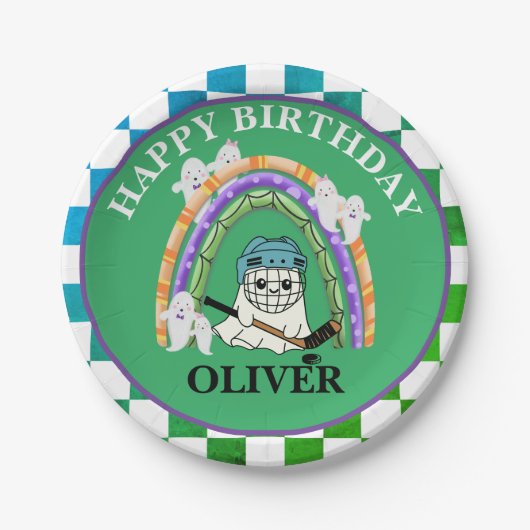 ハロウィーンかわいい幽霊アイスホッケーパーティー ペーパープレート (正面)
