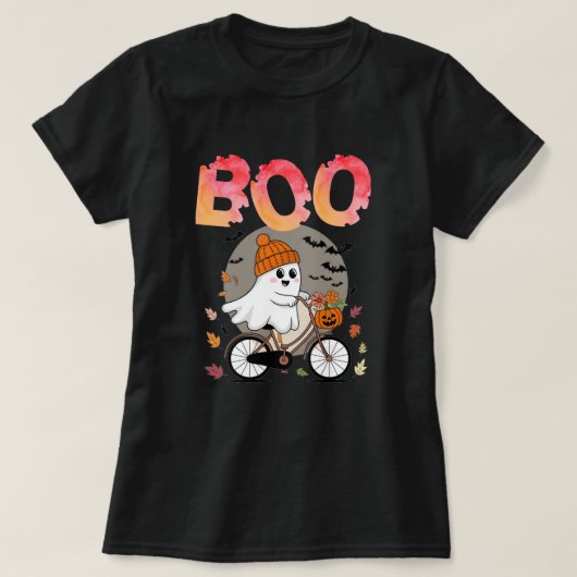ハロウィーンかわいい幽霊オンザバイク Tシャツ (デザイン正面)
