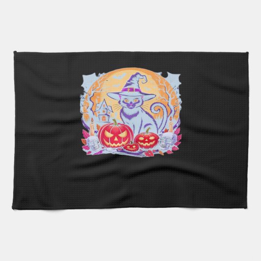 ハロウィーンかわいい幽霊カボチャクラシック猫Tシャツ キッチンタオル (横)