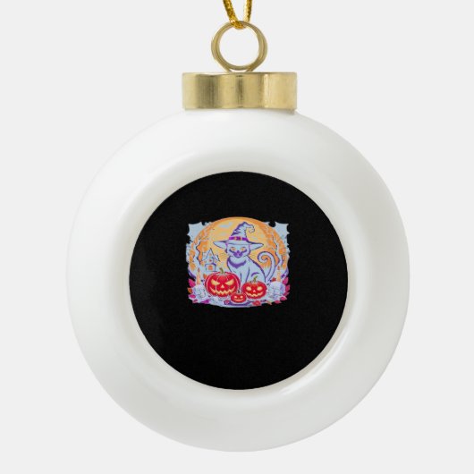 ハロウィーンかわいい幽霊カボチャクラシック猫Tシャツ セラミックボールオーナメント (正面)