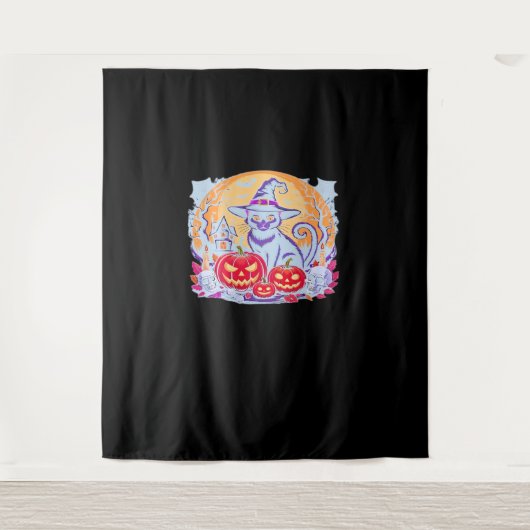 ハロウィーンかわいい幽霊カボチャクラシック猫Tシャツ タペストリー (正面)