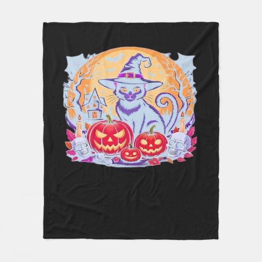ハロウィーンかわいい幽霊カボチャクラシック猫Tシャツ フリースブランケット (正面)