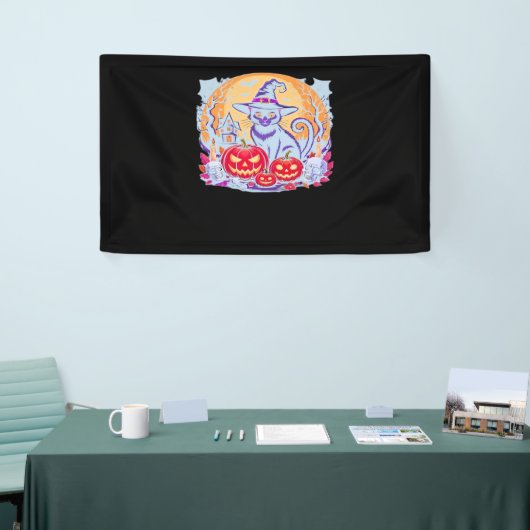 ハロウィーンかわいい幽霊カボチャクラシック猫Tシャツ 横断幕 (トレードショー)