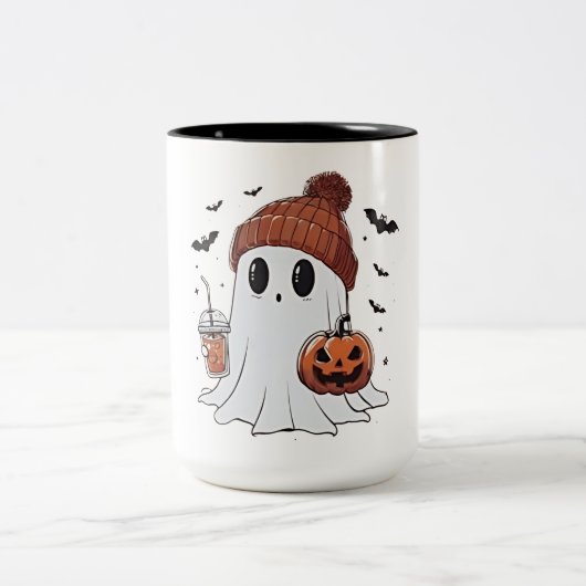 ハロウィーンかわいい幽霊シャツ秋パンプキンコーヒーロフ ツートーンマグカップ (中央)