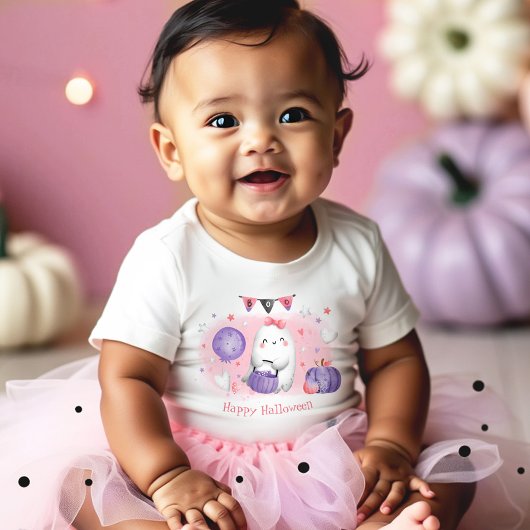 ハロウィーンかわいい幽霊ブピンクパープルガール名 ベビーTシャツ