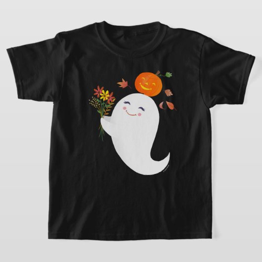 ハロウィーンかわいい幽霊ブラックキッズ Tシャツ (レイダウン)