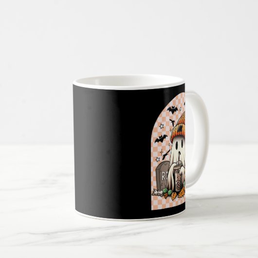 ハロウィーンかわいい幽霊飲みコーヒーカボチャのチェック コーヒーマグカップ (正面右)