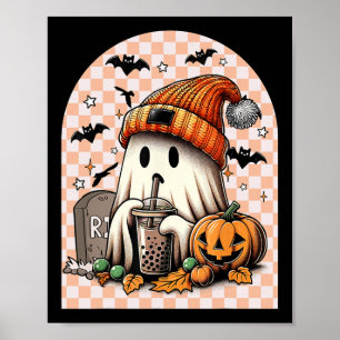 ハロウィーンかわいい幽霊飲みコーヒーカボチャのチェック ポスター