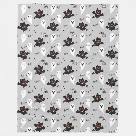 ハロウィーンかわいい幽霊、こうもり、猫、クモ フリースブランケット (正面)