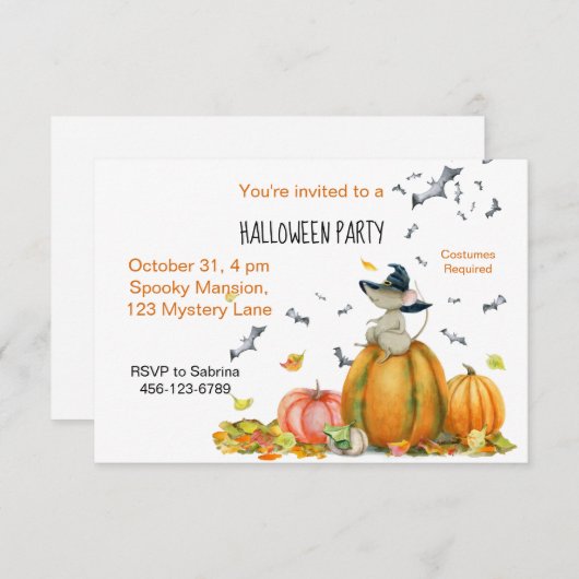 ハロウィーンかわいい漫画のウィッチマウス 招待状 (正面/裏面)