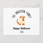 ハロウィーンかわいい犬の幽霊の衣装パーソナライズされた名 シーズンポストカード (正面)