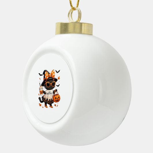 ハロウィーンかわいい猫 – カボチャと魔猫 セラミックボールオーナメント (右)