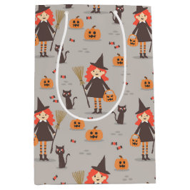 ハロウィーンかわいい魔女かぼちゃ黒猫 ミディアムペーパーバッグ