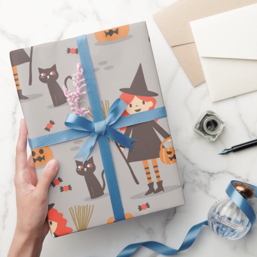 ハロウィーンかわいい魔女かぼちゃ黒猫 ラッピングペーパー (ギフト)